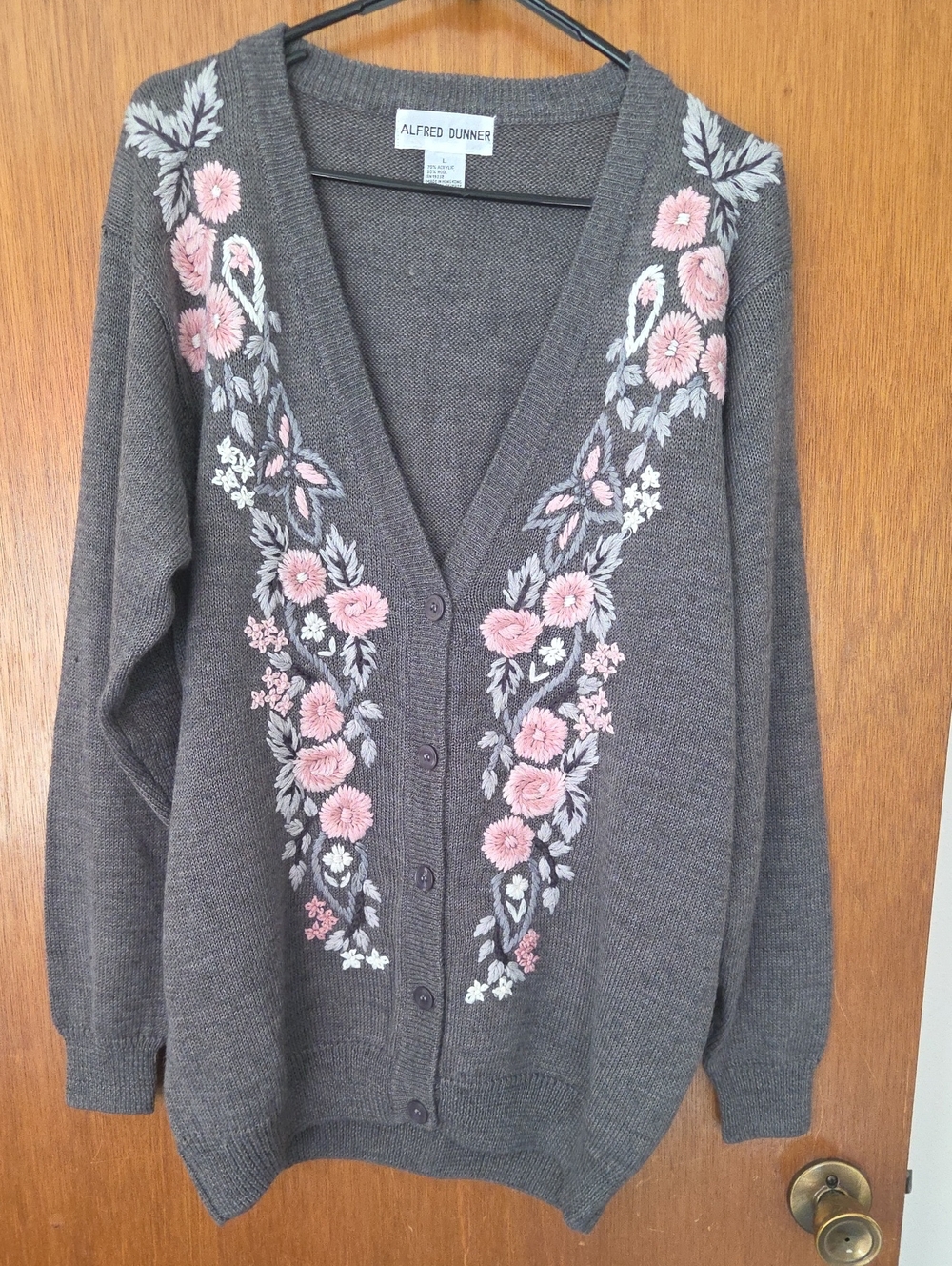 Alfred Dunner Charcoal Gray Cardigan with Pink Floral Embroidery